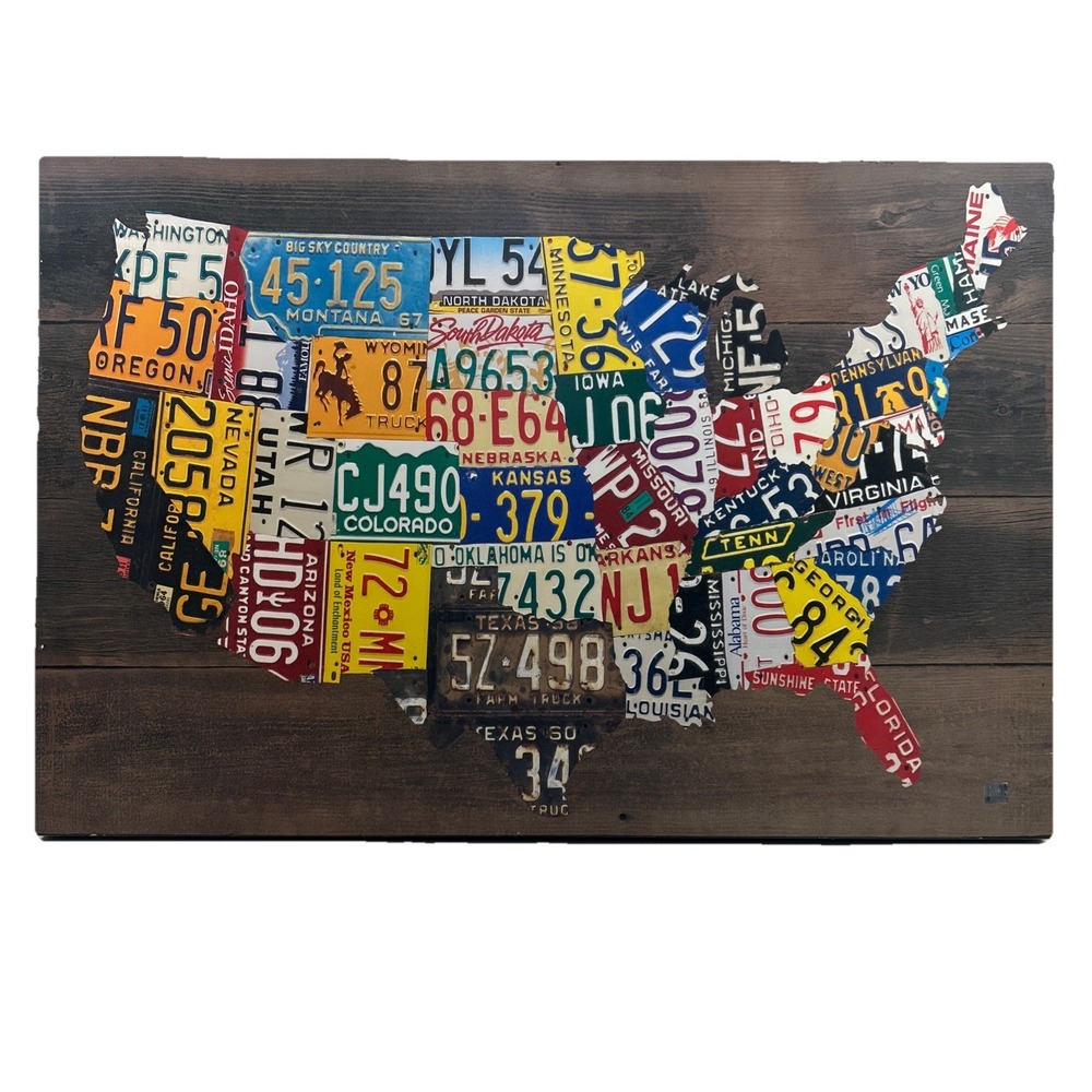 Wood Style USA Map Wall Art License Plate Rustic Americana Decor
